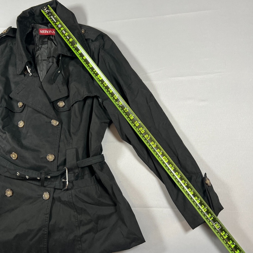 Merona Trench Coat Womens 1 Black Cotton Double Breasted Belted Waist Minimalist - Picture 7 of 12